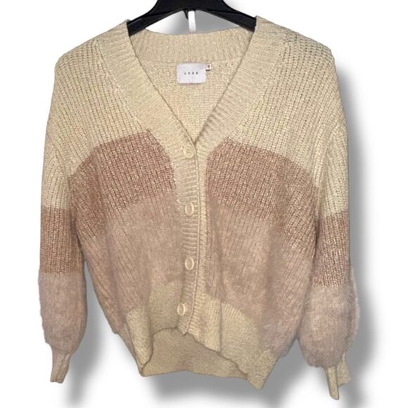 NWT LUSH Striped Fuzzy Knit Cardigan Blush Tones Button-Up Sweater Womens Size S - Picture 1 of 6